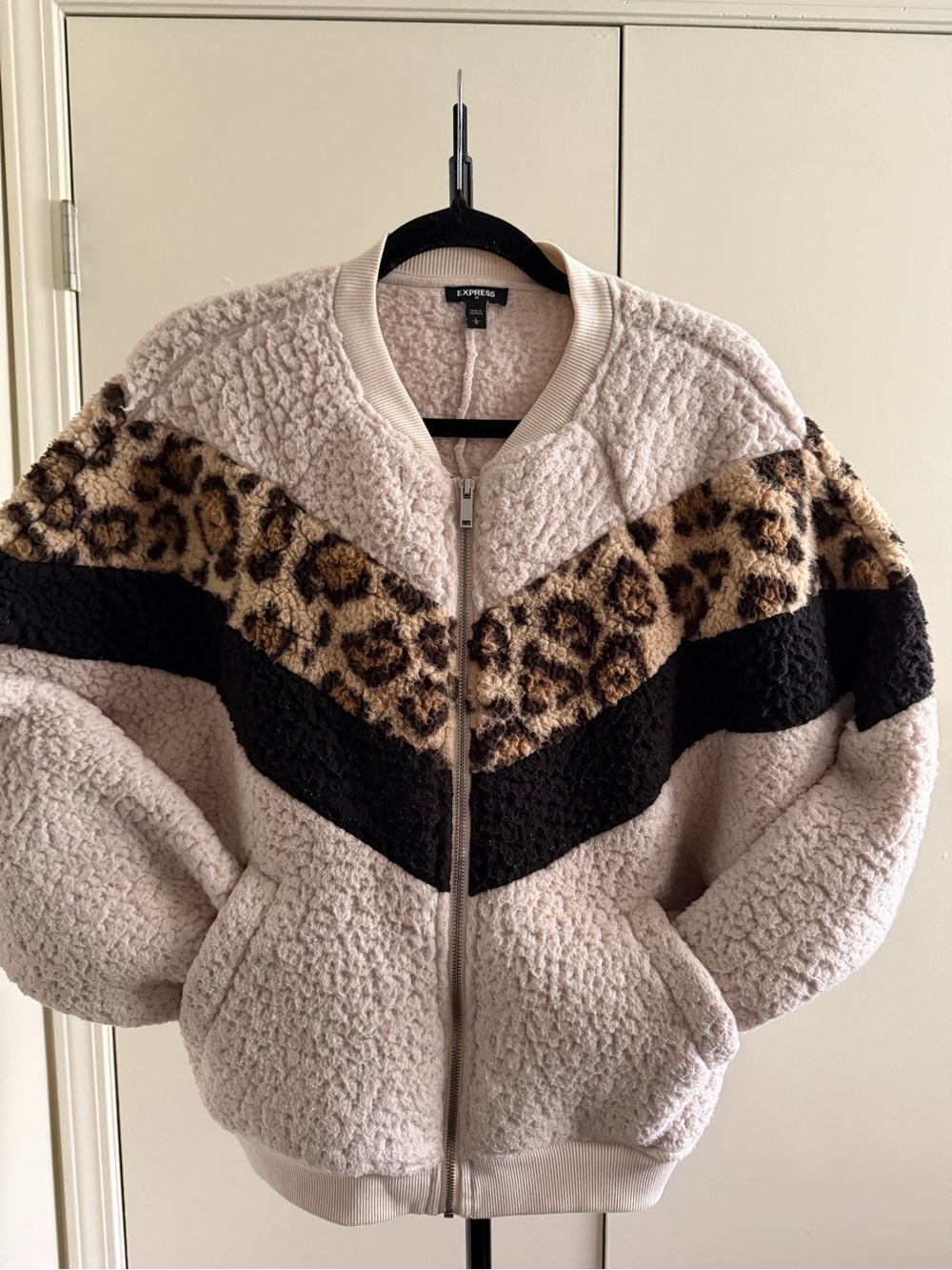 Express Cream Sherpa Bomber Jacket with Leopard & Black Chevron